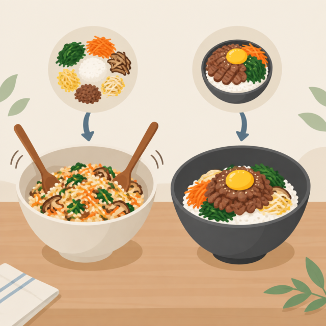 AI 생성 설명 이미지: 안산일동한우 유니드정육식당 | 비빔밥과 덮밥은 밥 위 재료를 어떻게 먹을까?