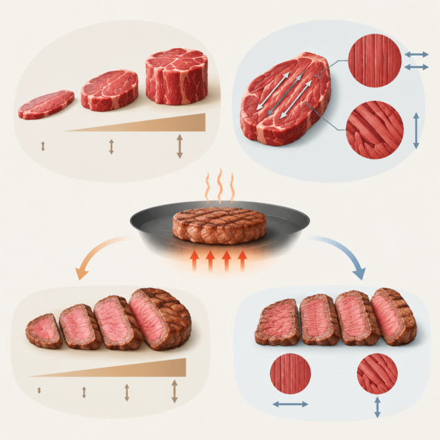 AI 생성 설명 이미지: 안산일동고기집 유니드정육식당 | 두께와 근육 결, 굽기에서 서로 다른 역할