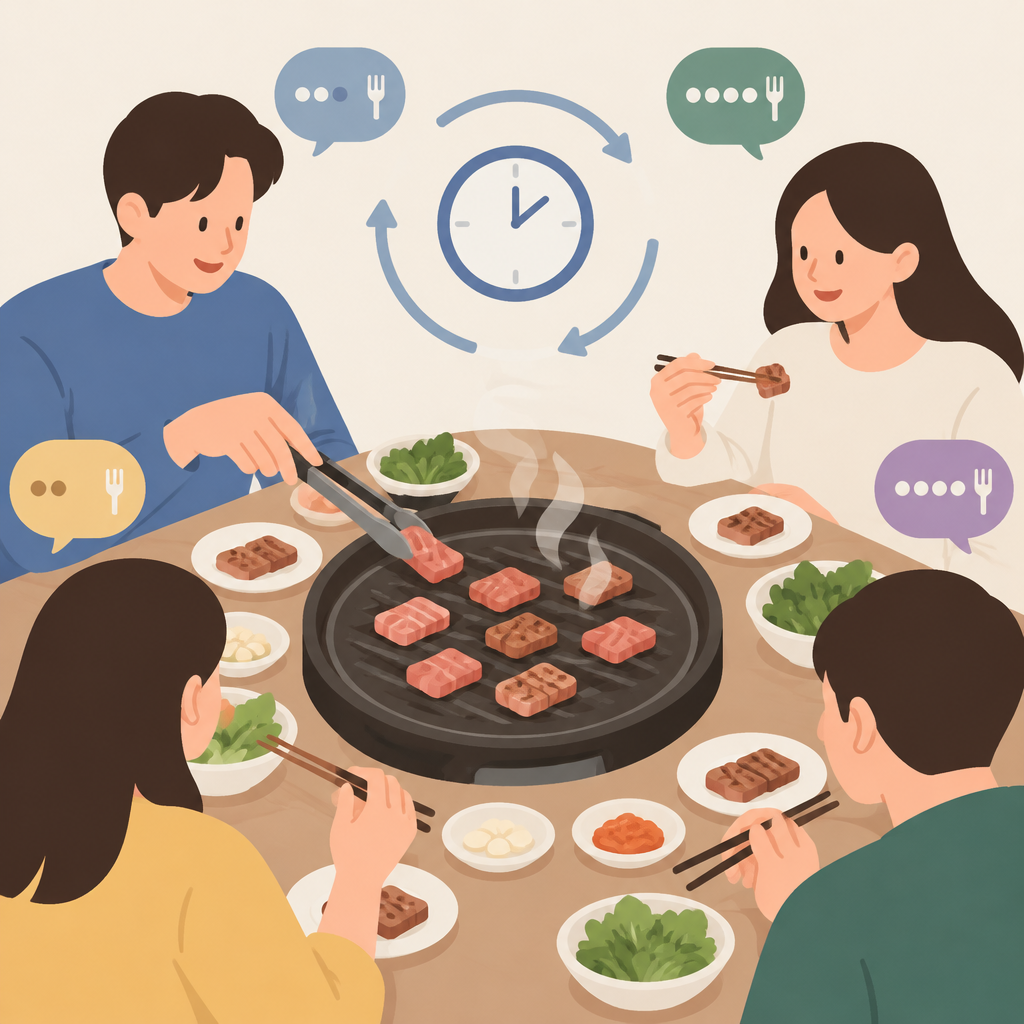 AI 생성 설명 이미지: 안산일동고기집 유니드정육식당 | 일행의 굽는 속도에 맞춰 불판을 운영하는 법