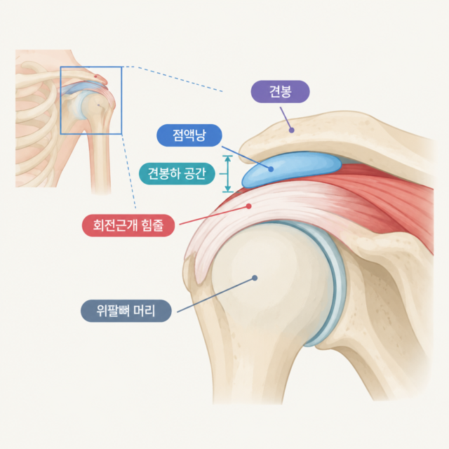 AI 생성 설명 이미지: 서초 어깨통증 병원 장덕 한방병원 | 견봉하 공간은 어디이며 회전근개·점액낭과 어떤 관계인가요?