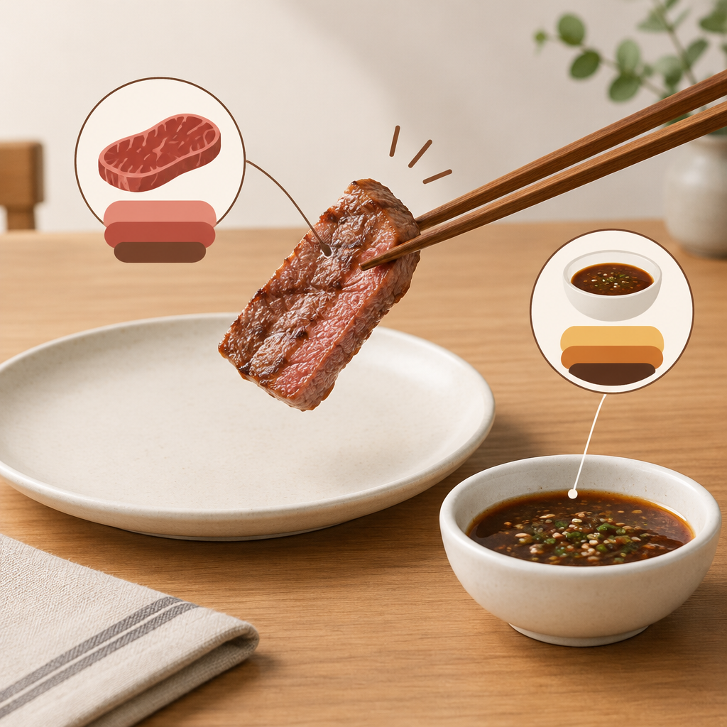 AI 생성 설명 이미지: 안산일동맛집 유니드정육식당 | 갈비살의 기본 간과 곁들임 소스 구분하기